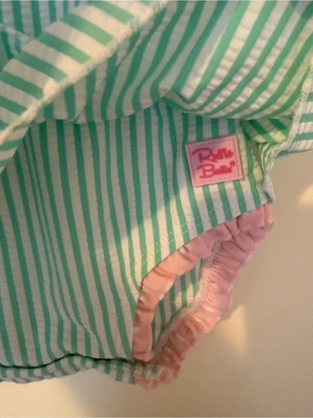 RuffleButts Seersucker Rash Guard Swimsuit 12-18M | Mint Green Pink Bow